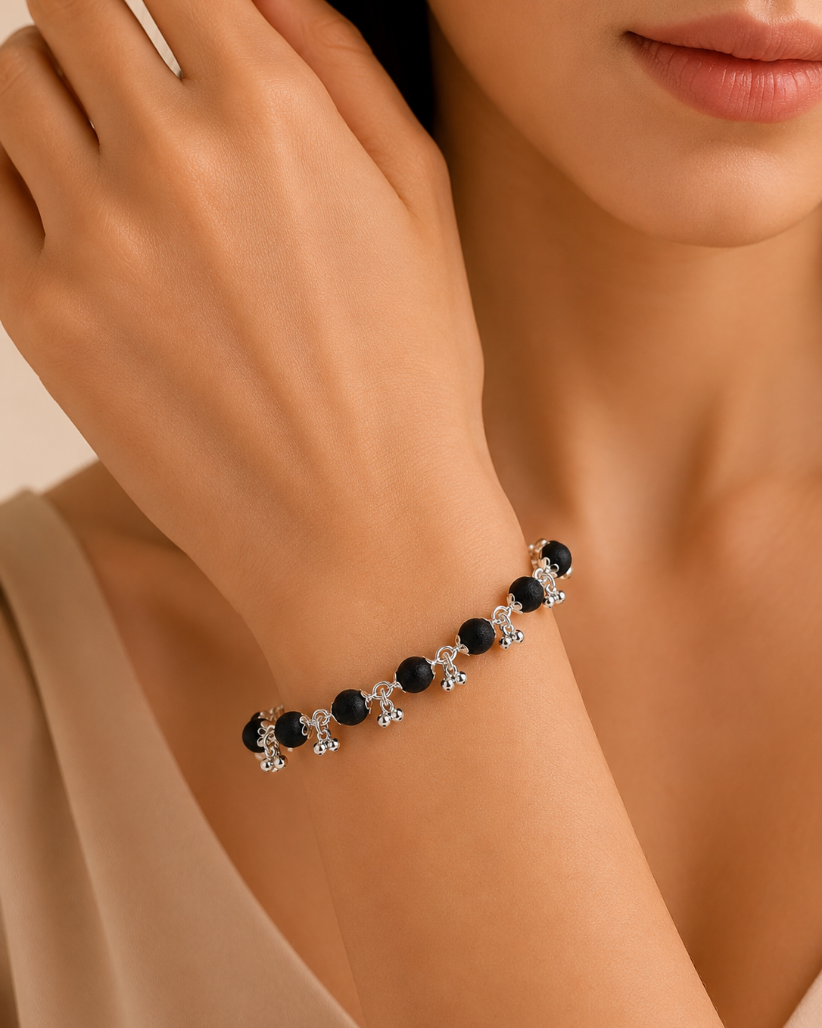 Silver Plated Karungali Beads with Ghungaroo Bracelet For Women