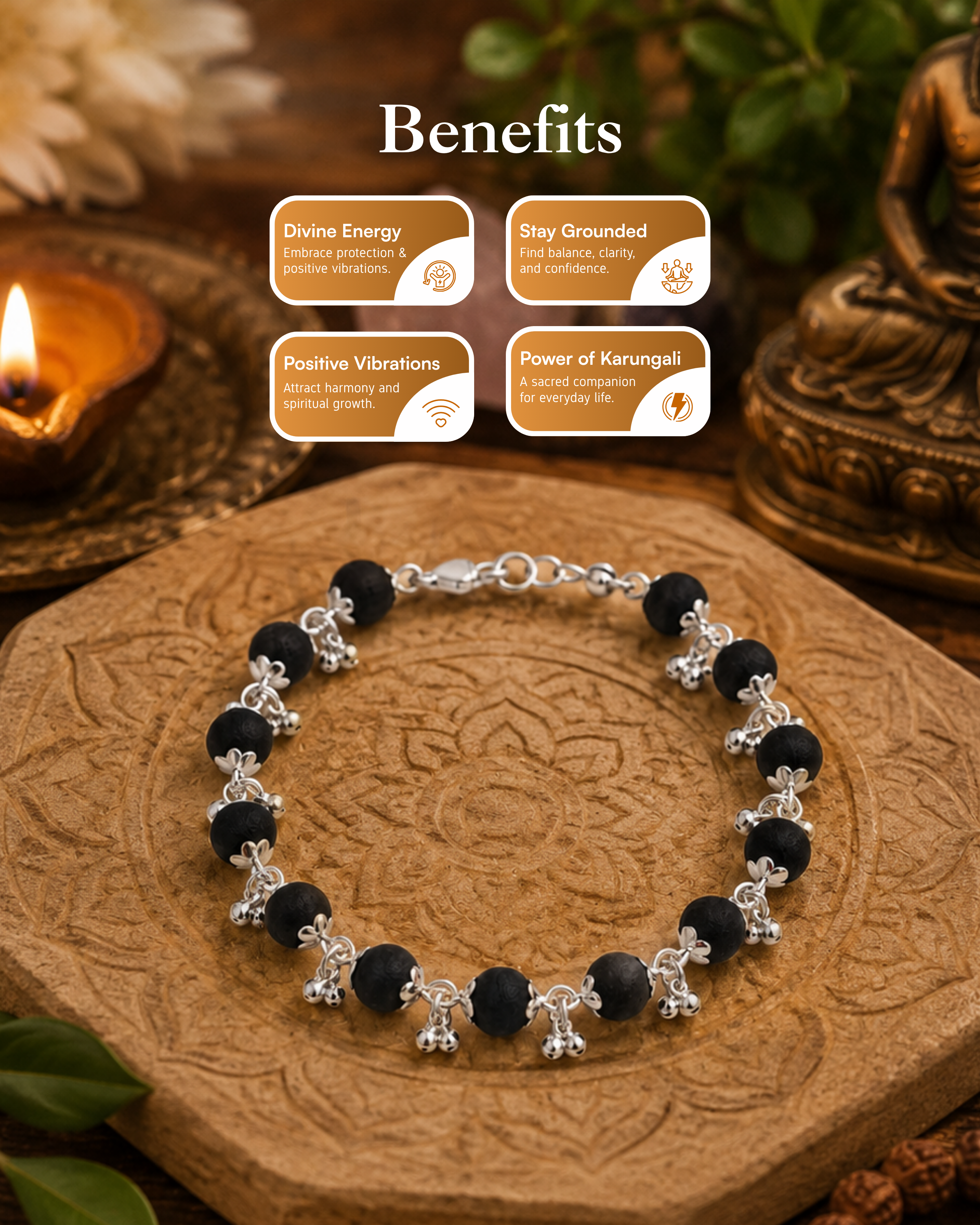 Silver Plated Karungali Beads with Ghungaroo Bracelet For Women