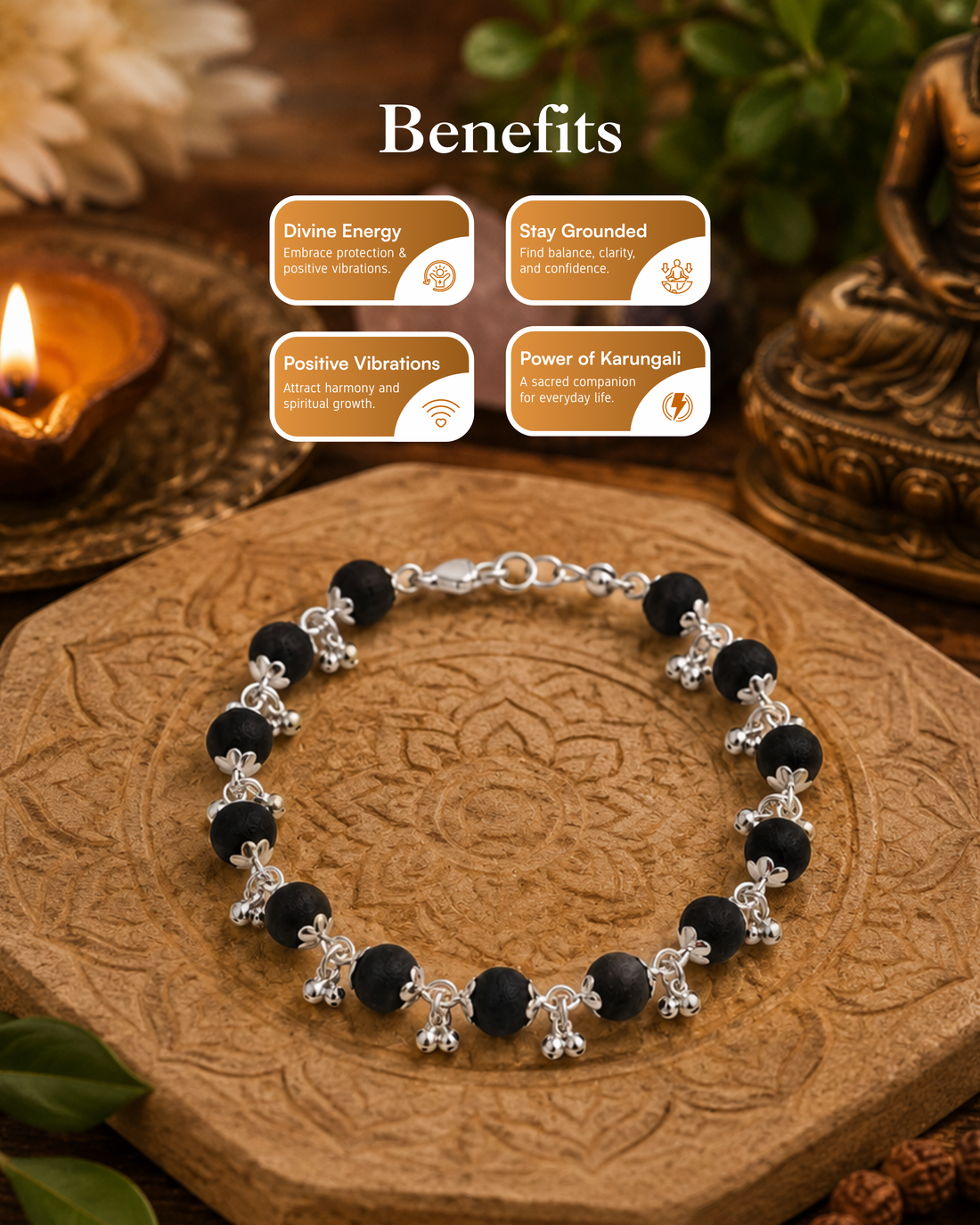Silver Plated Karungali Beads with Ghungaroo Bracelet For Women