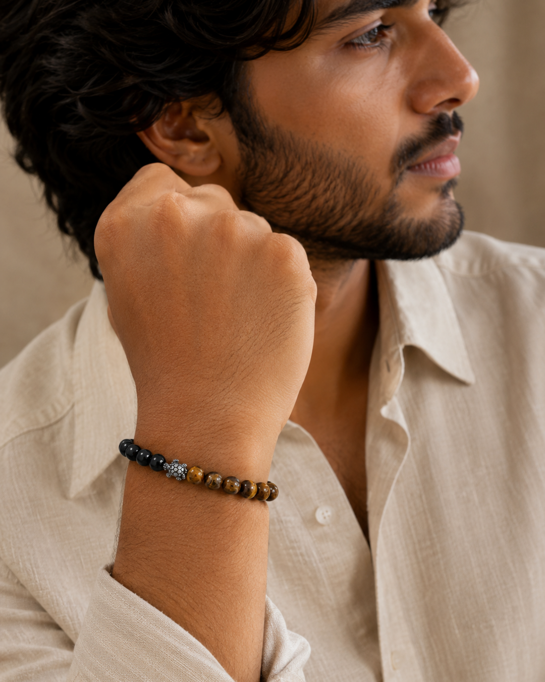Tiger Eye & Black Obsidian Power Shield Bracelet