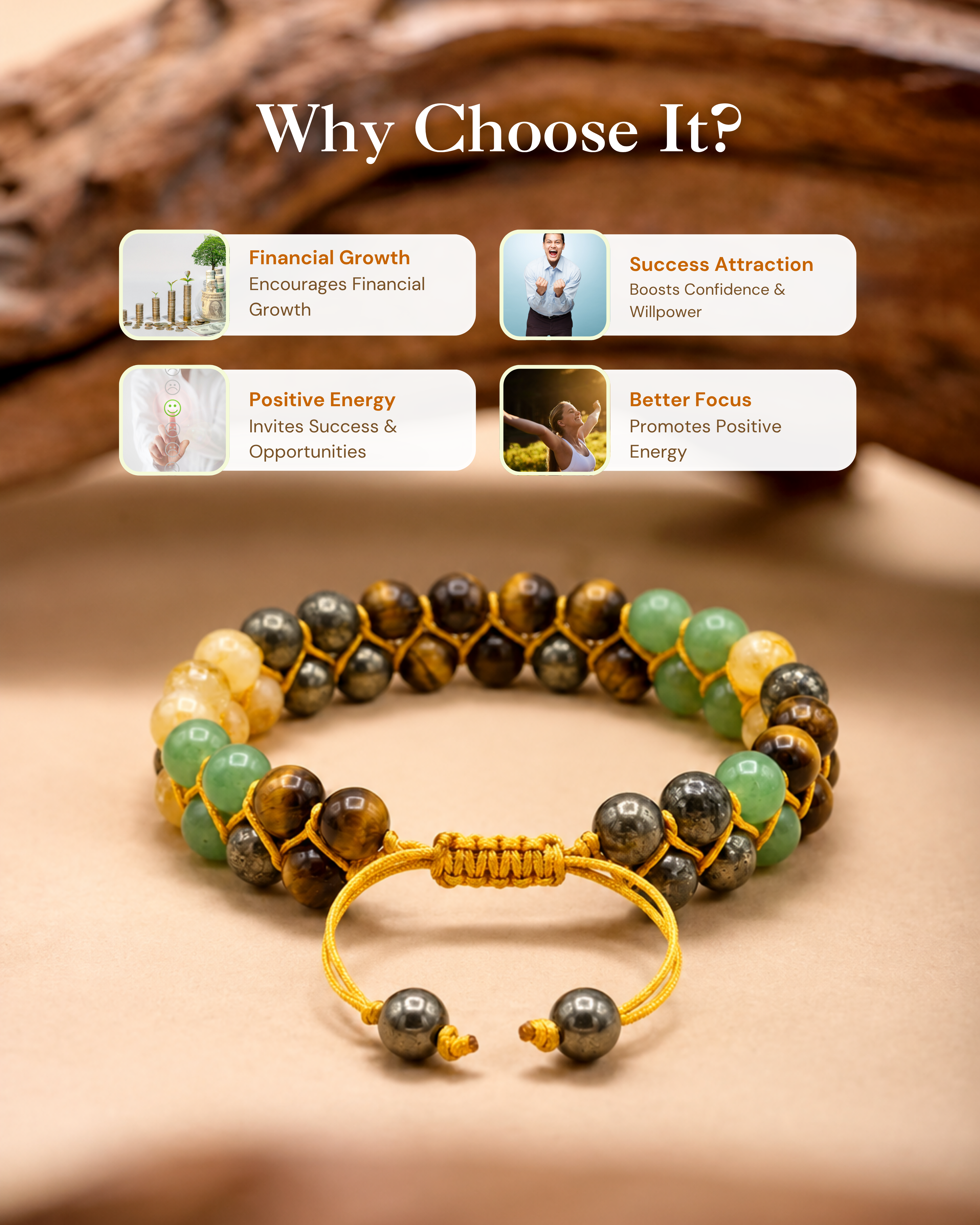 Money Magnet Double Tie-Up Band -Pyrite,Tiger Eye,Citrine & Aventurine Beads