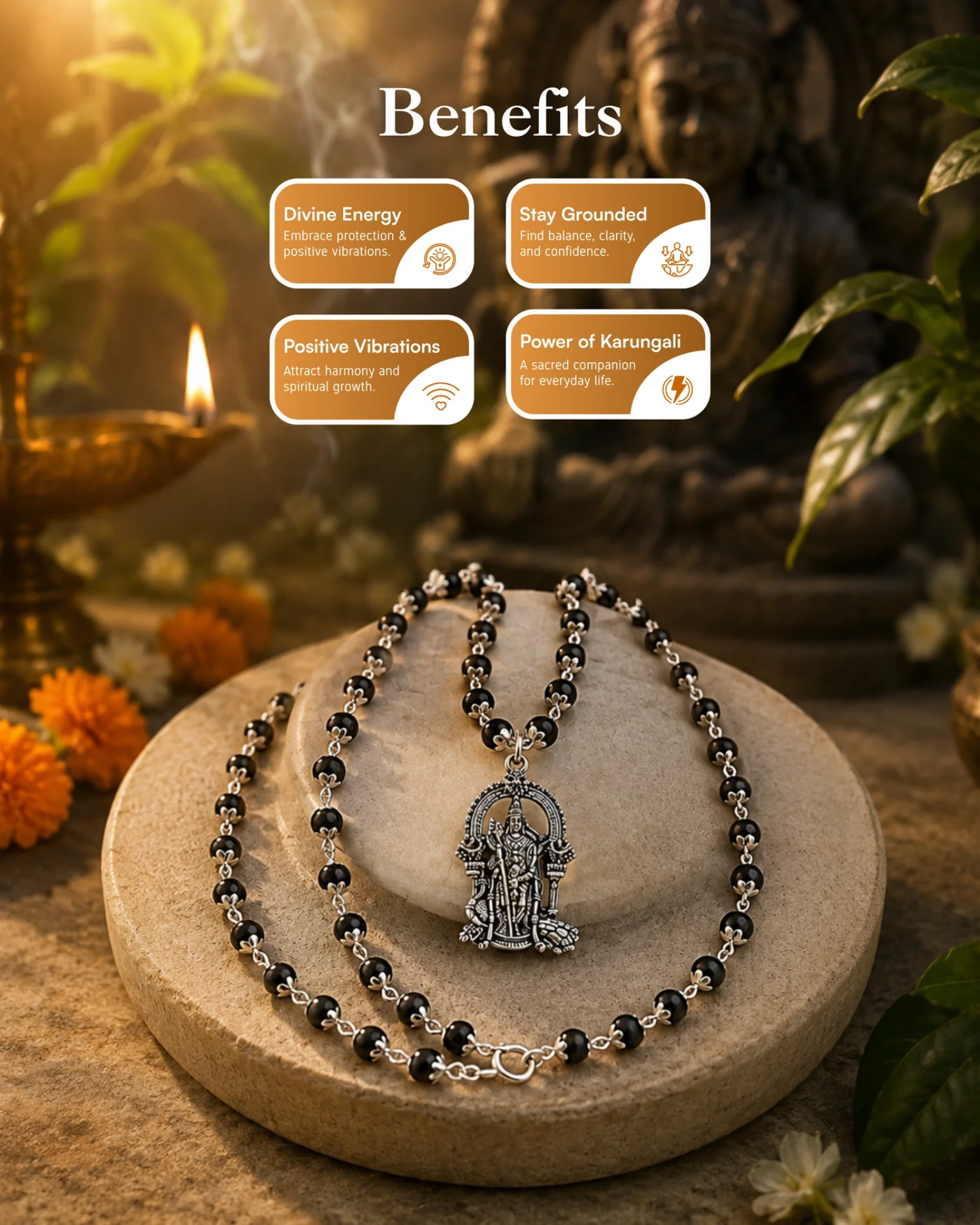 Silver Plated Karungali Mala with Lord Murgan