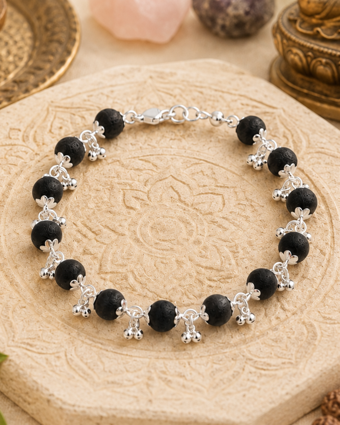 Silver Plated Karungali Beads with Ghungaroo Bracelet For Women
