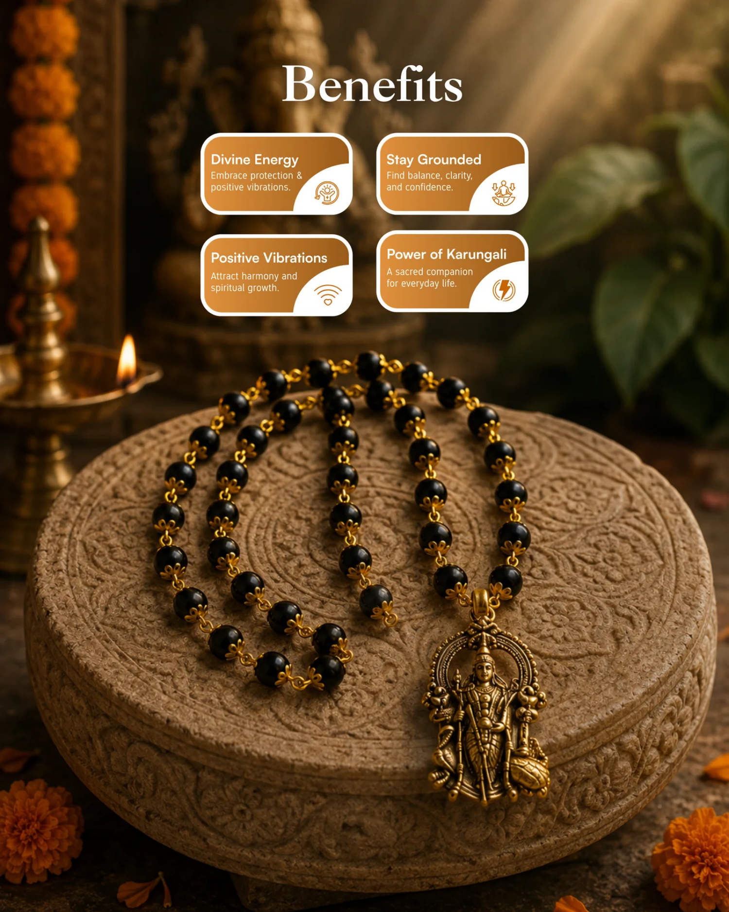 Gold Plated Karungali Mala with Lord Murgan