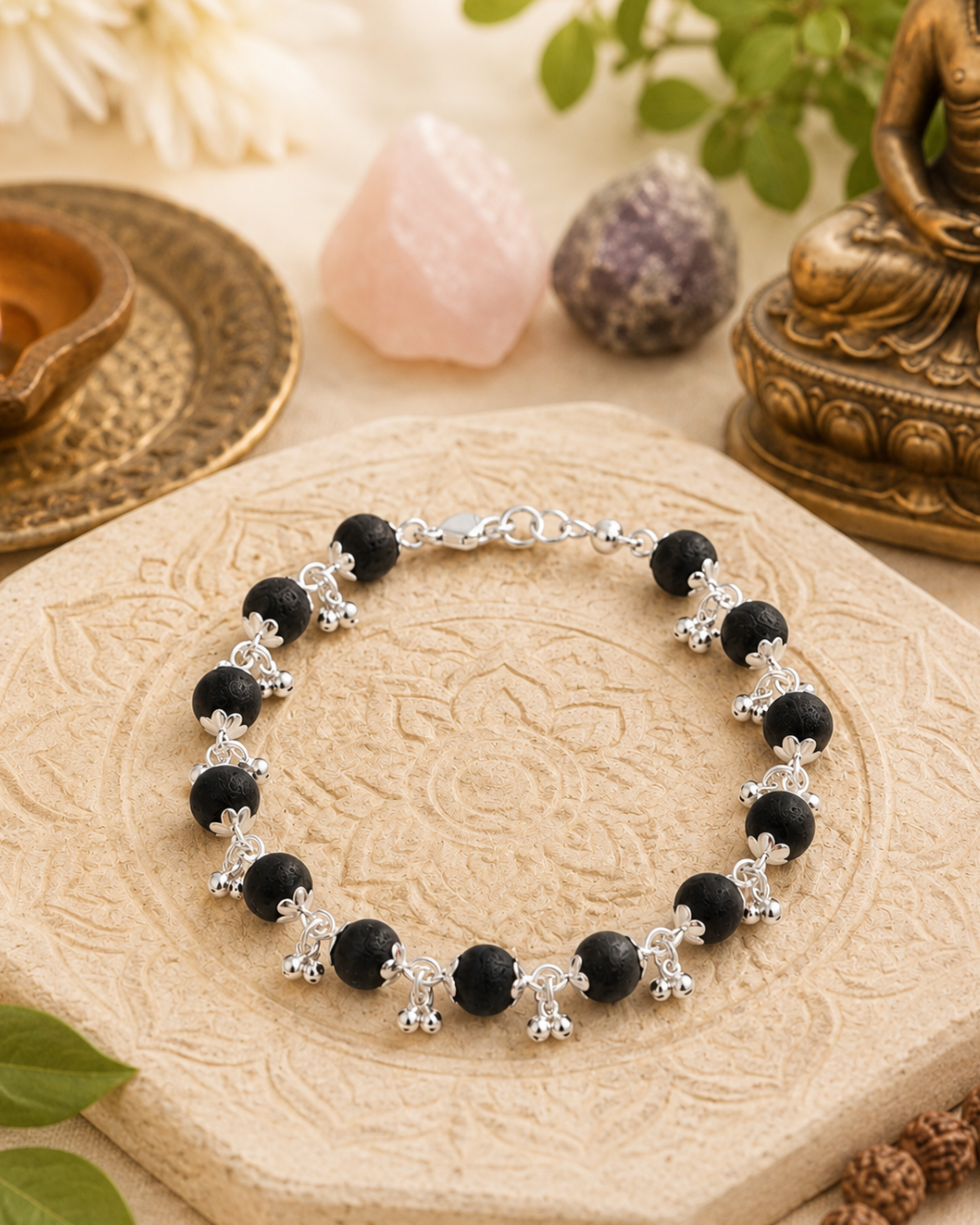 Silver Plated Karungali Beads with Ghungaroo Bracelet For Women