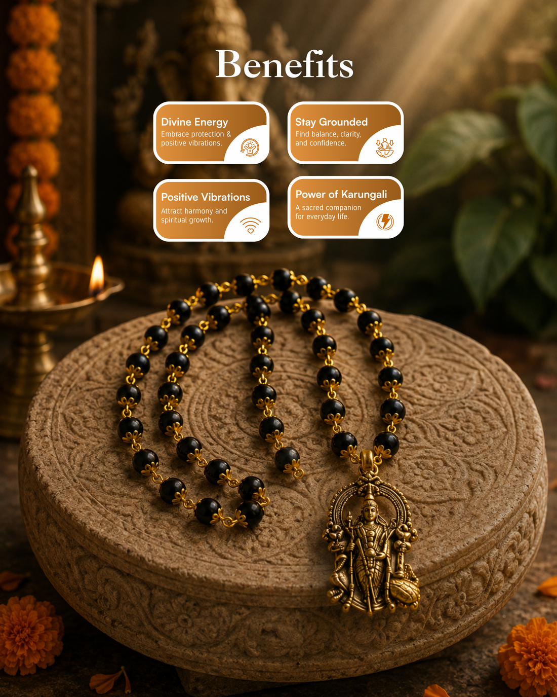 Gold Plated Karungali Mala with Lord Murgan