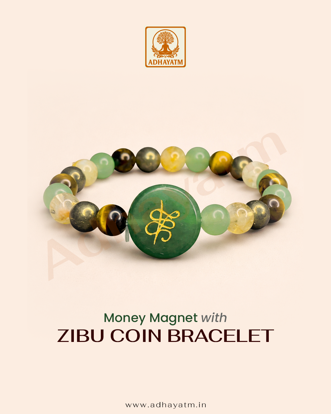 Money Magnet Bracelet with Zibu Stone-Pyrite,Tiger Eye,Citrine & Aventurine Beads