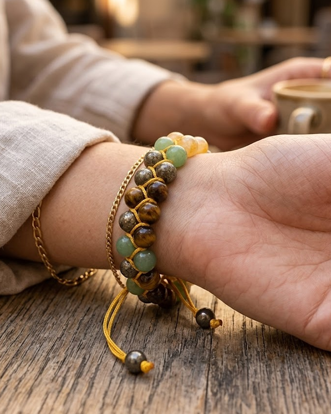 Money Magnet Double Tie-Up Band -Pyrite,Tiger Eye,Citrine & Aventurine Beads